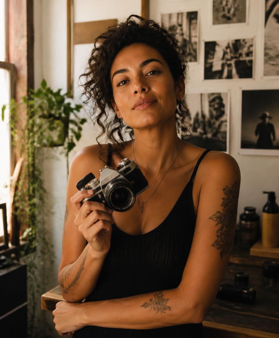 Fotógrafa com câmera em estúdio