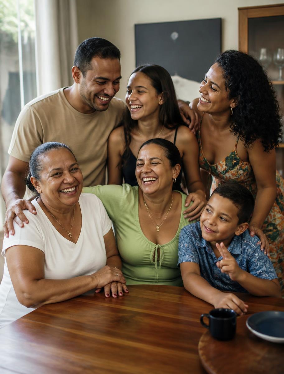Família reunida e sorrindo ao redor de uma mesa