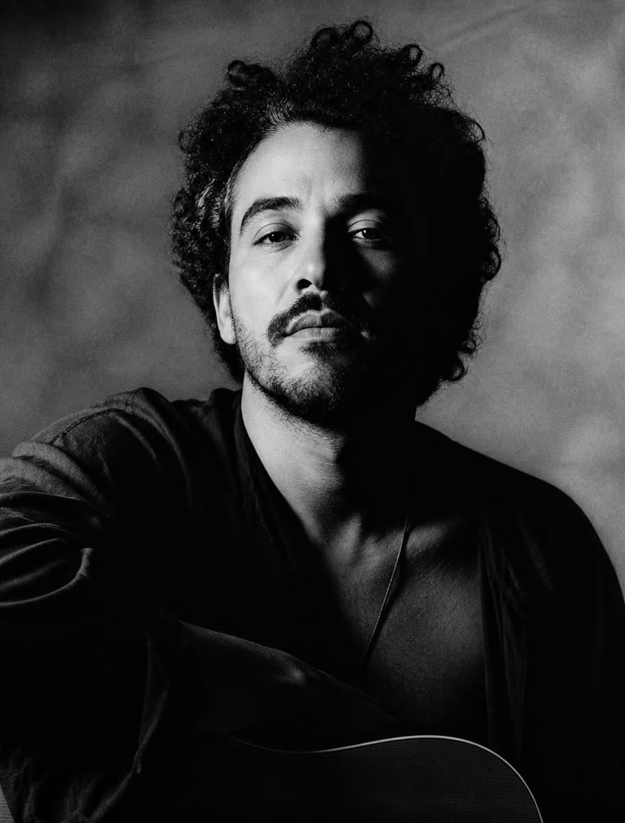 Retrato em preto e branco de músico em estúdio