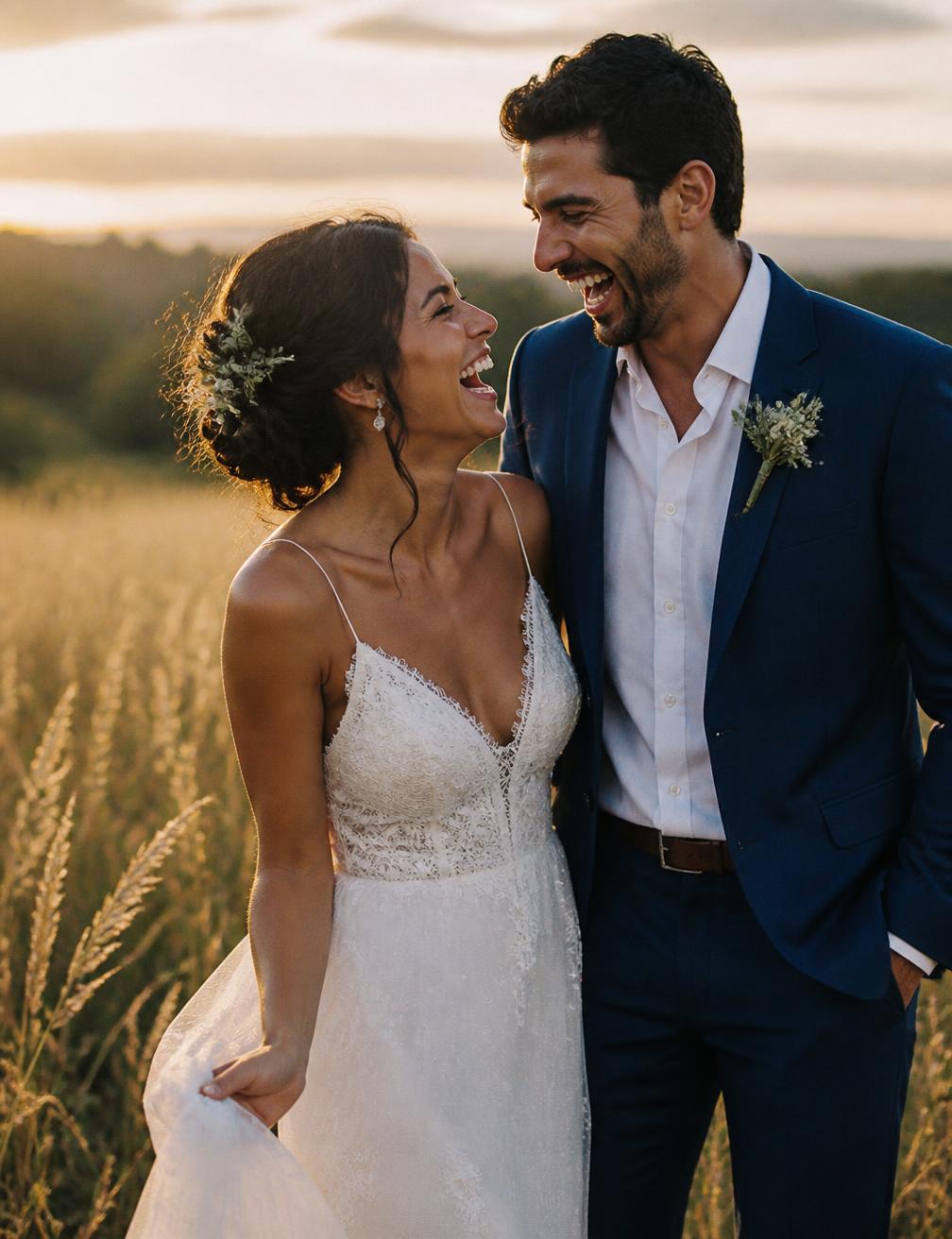 Casal rindo durante ensaio de casamento ao pôr do sol